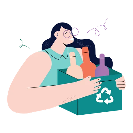 Mujer sosteniendo caja de reciclaje de botellas  Ilustración