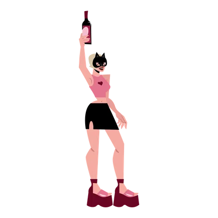 Mujer sosteniendo una botella de vino  Ilustración