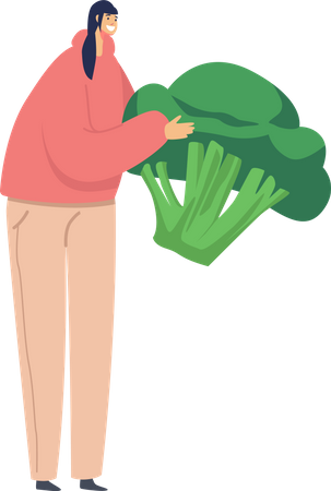 Mujer sosteniendo brócoli en las manos  Ilustración