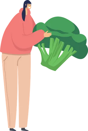 Mujer sosteniendo brócoli en las manos  Ilustración