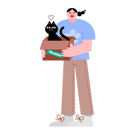 Mujer sosteniendo caja con gato negro  Ilustración