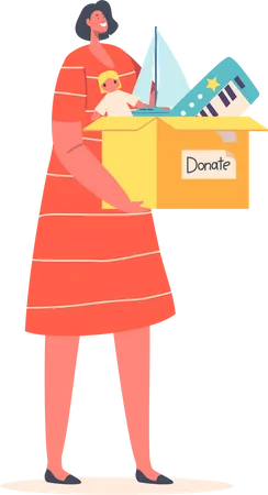 Mujer sosteniendo caja con juguetes donados  Ilustración