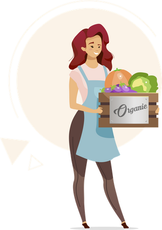 Mujer sosteniendo una caja de verduras orgánicas  Ilustración