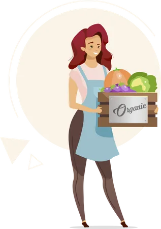 Mujer sosteniendo una caja de verduras orgánicas  Ilustración
