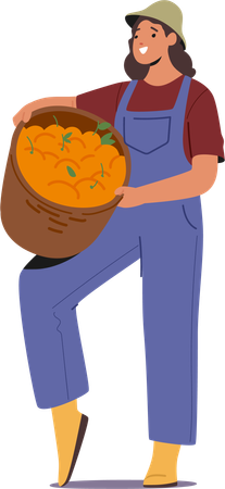 Mujer sosteniendo cesta naranja  Ilustración