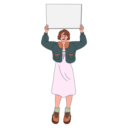 Mujer sosteniendo cartel en blanco  Ilustración