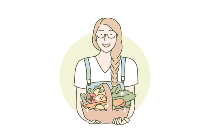 Mujer sosteniendo una canasta de verduras  Ilustración