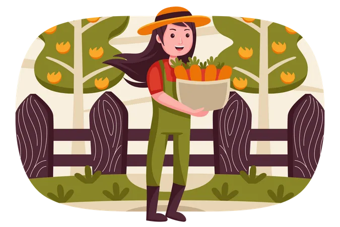 Mujer sosteniendo cesta de zanahoria  Ilustración
