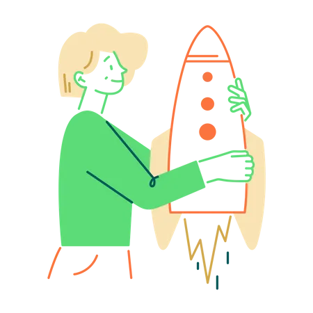Mujer sosteniendo cohete  Ilustración