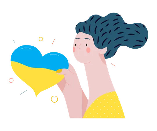 Mujer sosteniendo el corazón de color bandera ucraniana  Ilustración
