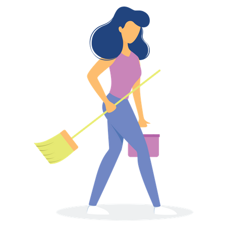 Mujer sosteniendo una escoba y un cubo de limpieza  Ilustración