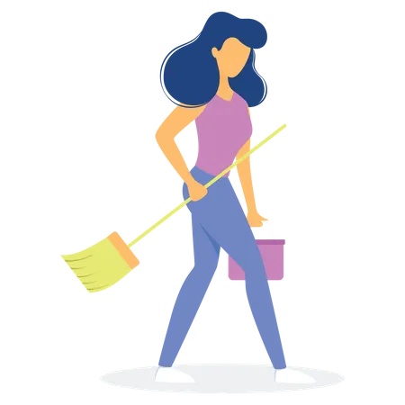 Mujer sosteniendo una escoba y un cubo de limpieza  Ilustración