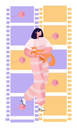 Mujer sosteniendo gato entre manos  Ilustración