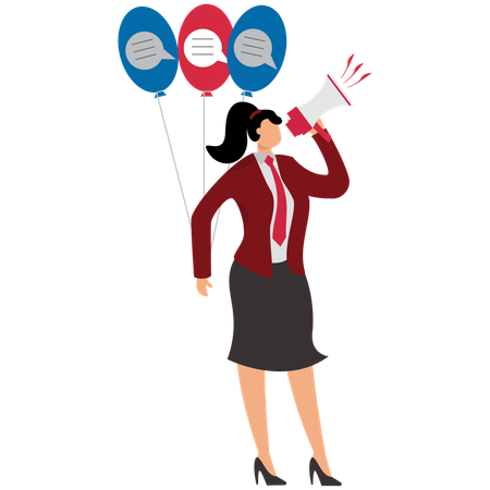 Mujer sosteniendo globos de diálogo y usando un megáfono para transmitir mensajes  Ilustración