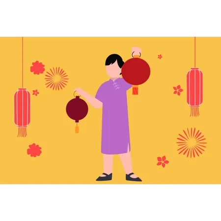 Mujer china, tenencia, linterna  Ilustración