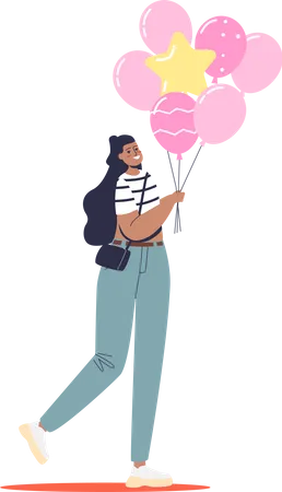 Mujer sosteniendo manojo de globos de color rosa  Ilustración
