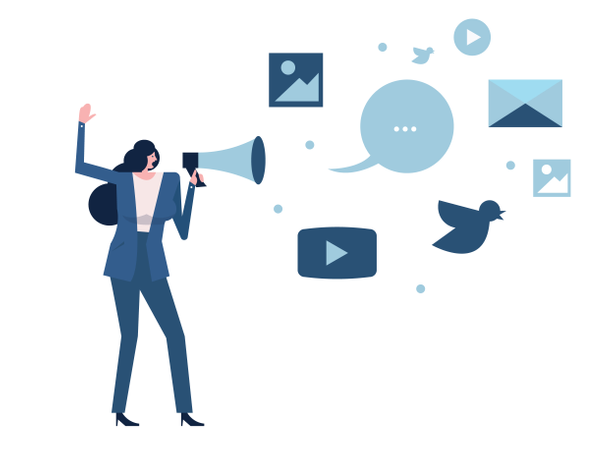 Mujer sosteniendo megáfono con icono de redes sociales  Ilustración