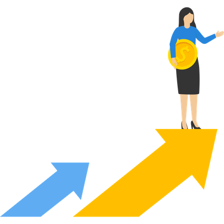 Mujer sosteniendo moneda de dólar y gráfico de barras ascendente  Ilustración