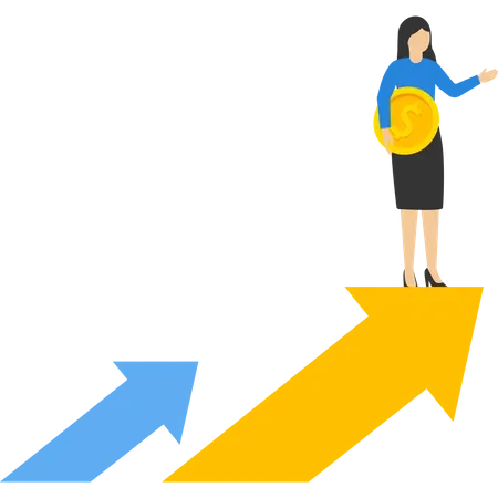 Mujer sosteniendo moneda de dólar y gráfico de barras ascendente  Ilustración