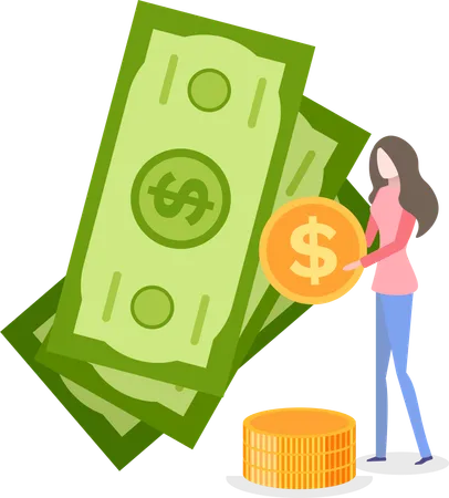 Mujer sosteniendo monedas de pie junto a billetes  Ilustración