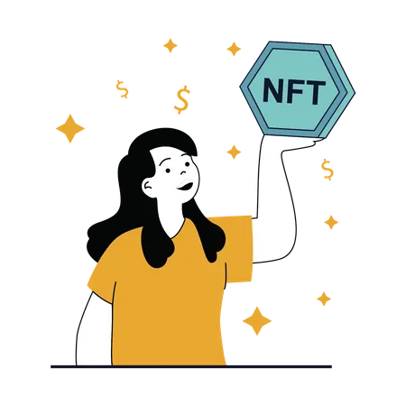 Mujer sosteniendo token nft  Ilustración