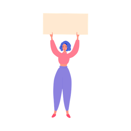 Mujer sosteniendo una pancarta sobre su cabeza  Ilustración