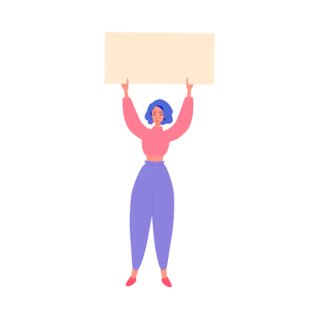Mujer sosteniendo una pancarta sobre su cabeza  Ilustración