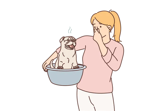 Mujer sosteniendo perro mascota maloliente  Ilustración