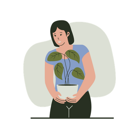 Mujer sosteniendo una planta en maceta  Ilustración