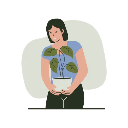 Mujer sosteniendo una planta en maceta  Ilustración