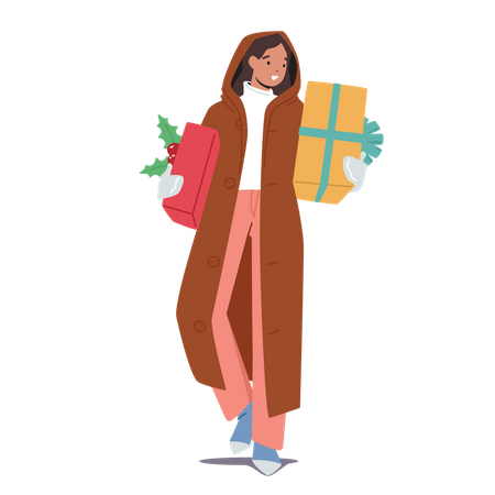 Mujer sosteniendo regalos para la celebración de las vacaciones de invierno  Ilustración