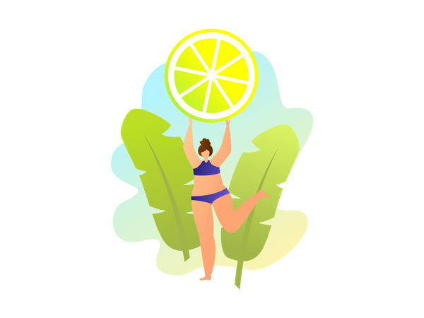 Mujer sosteniendo una rodaja de limón en la mano  Ilustración