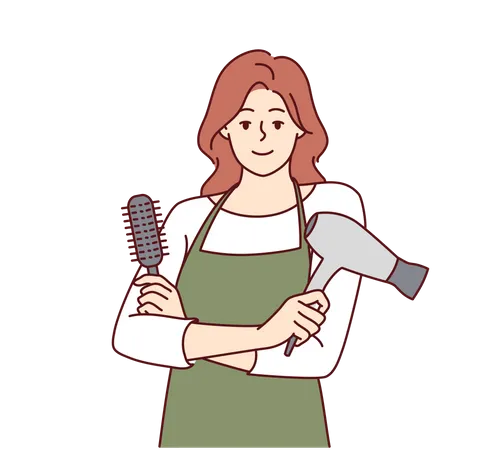 Mujer sosteniendo secador de pelo y peine  Ilustración