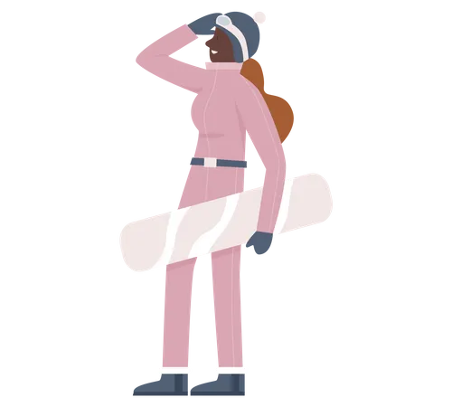 Mujer sosteniendo tabla de snowboard  Ilustración