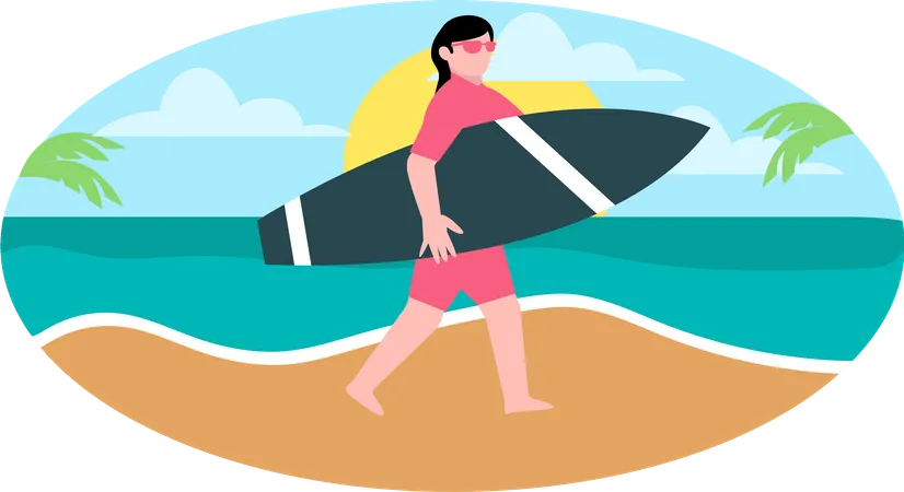 Mujer sosteniendo tabla de surf  Ilustración