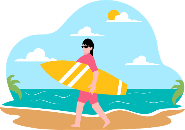 Mujer sosteniendo tabla de surf  Ilustración