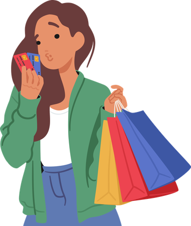 Mujer sosteniendo tarjetas de crédito y bolsas de compras  Illustration