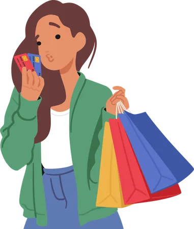 Mujer sosteniendo tarjetas de crédito y bolsas de compras  Illustration