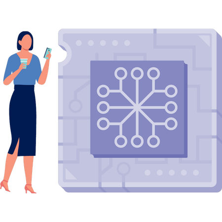 Mujer sosteniendo té de pie cerca del chip sensor  Ilustración