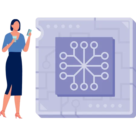 Mujer sosteniendo té de pie cerca del chip sensor  Ilustración