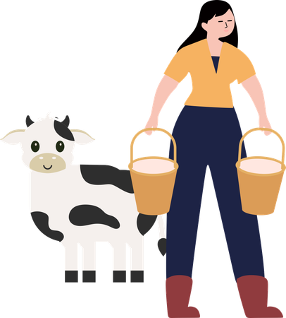 Mujer sosteniendo un balde de leche en la mano  Ilustración