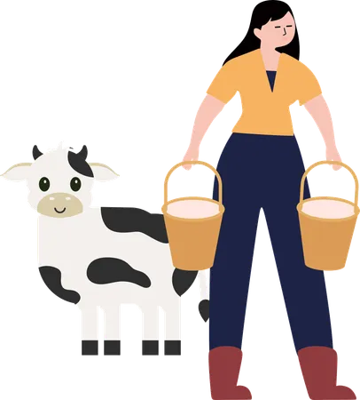 Mujer sosteniendo un balde de leche en la mano  Ilustración