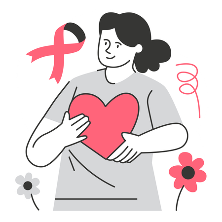 Mujer sosteniendo un corazón para concientizar sobre el cáncer de mama  Ilustración