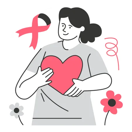 Mujer sosteniendo un corazón para concientizar sobre el cáncer de mama  Ilustración