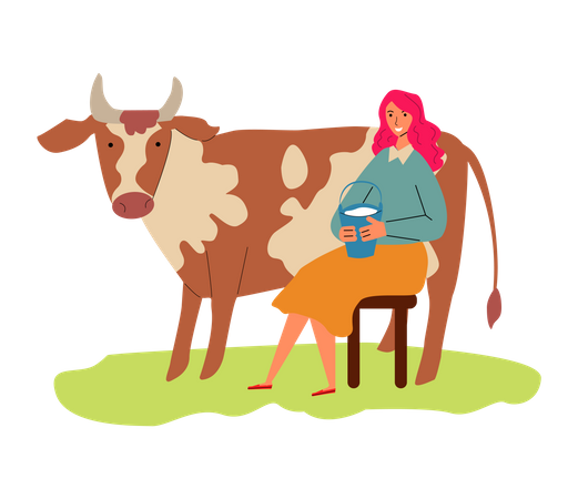 Mujer sosteniendo un cubo de leche en la mano  Ilustración