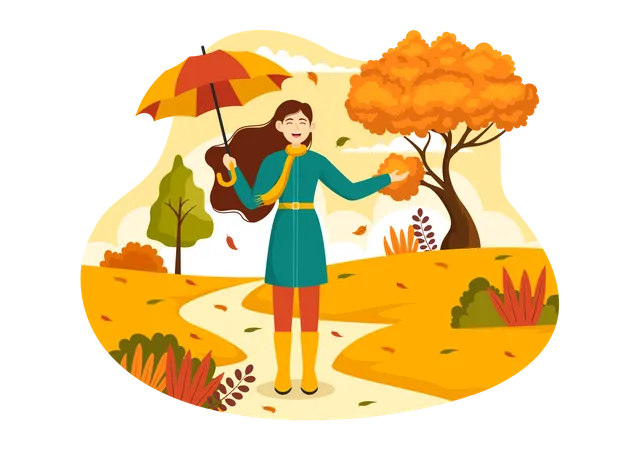 Mujer sosteniendo paraguas en el parque de otoño  Ilustración