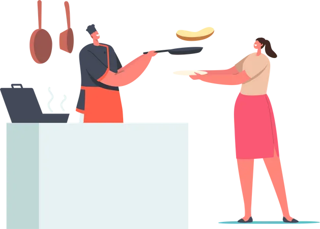 Mujer sosteniendo un plato frente al escritorio con el chef friendo salchichas y haciendo tostadas  Ilustración