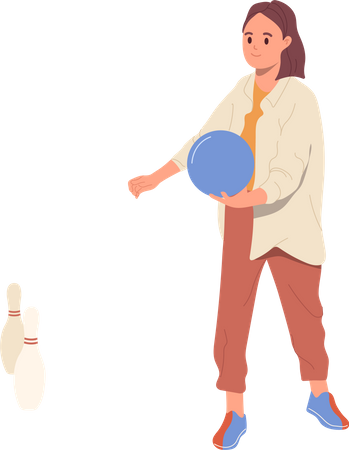 Mujer sosteniendo una bola de bolos en las manos preparándose para golpear el fondo de bolos  Ilustración