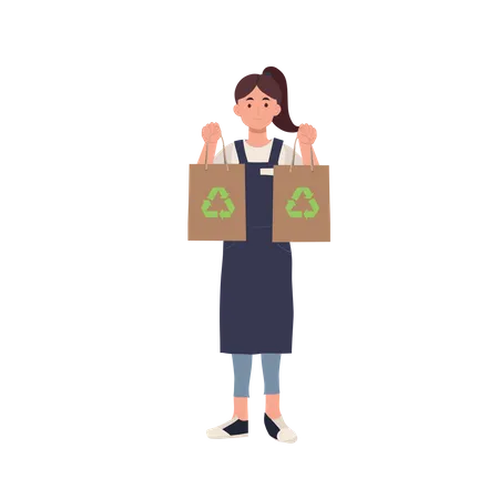 Mujer sosteniendo una bolsa artesanal reciclable en ambas manos.  Ilustración