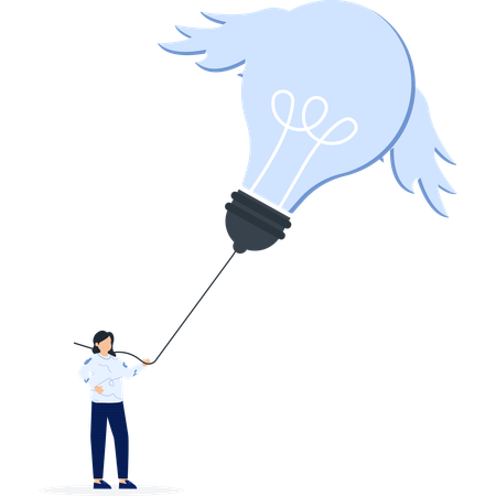 Mujer sosteniendo una bombilla voladora con alas Innovación  Ilustración